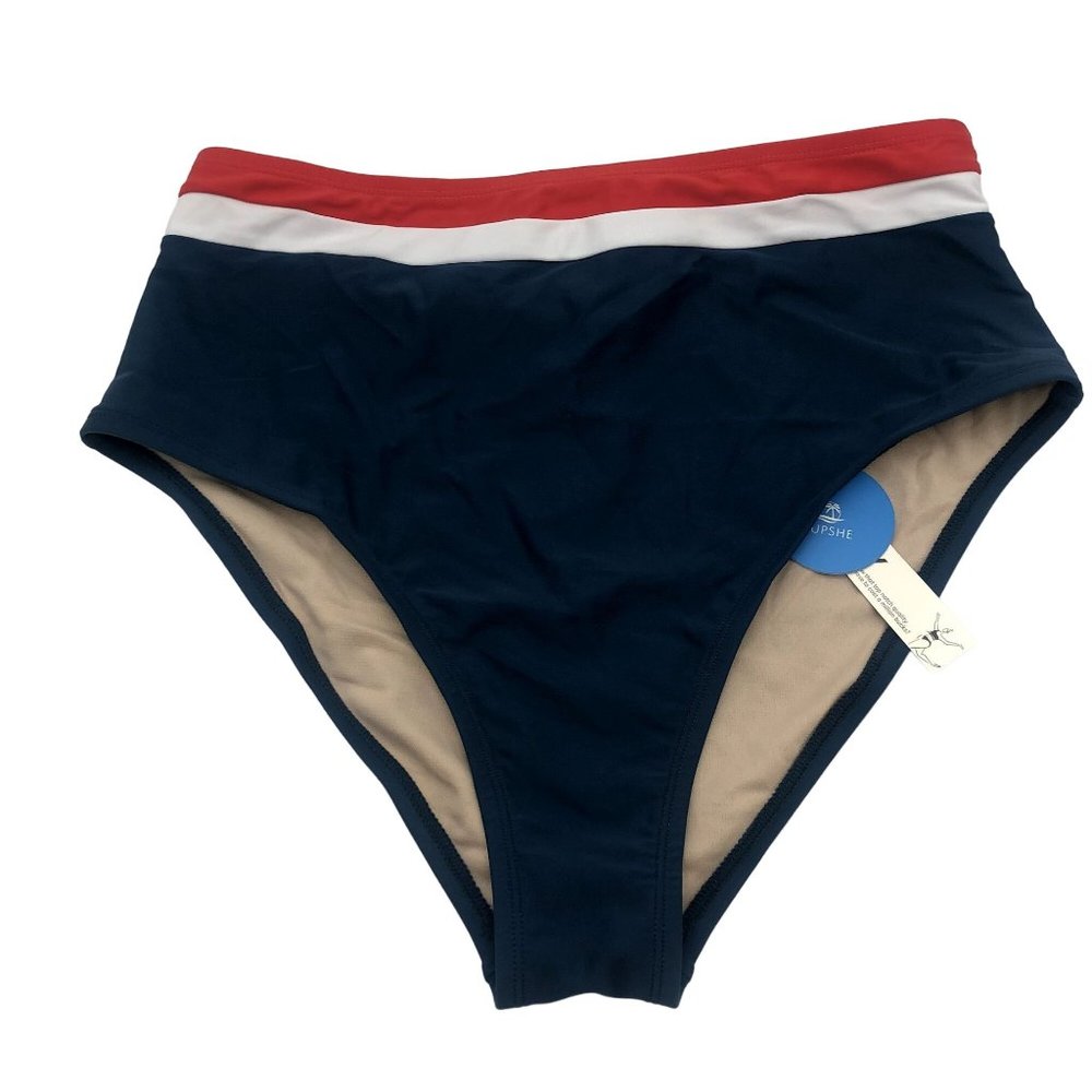 NWT Cupshe High Rise Bikini Bottom Womens 0X Navy Blue White Red Patriotic